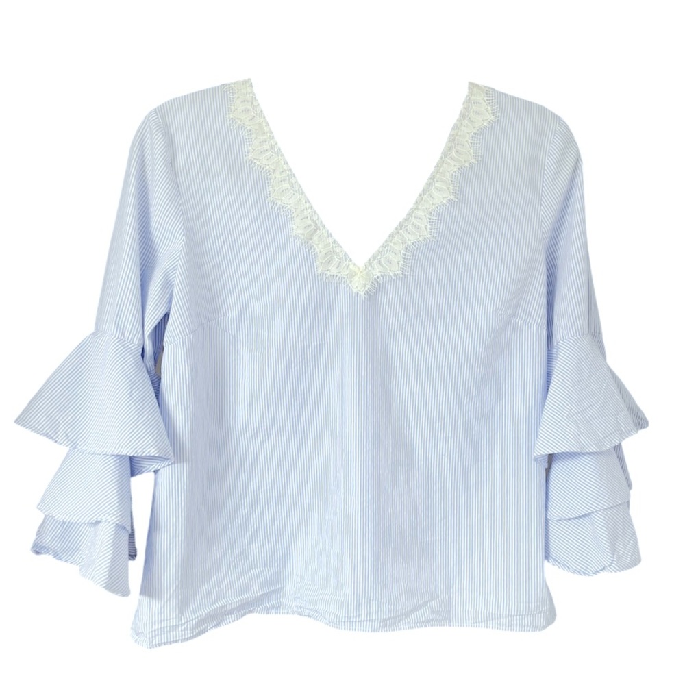 MM by Me Michelle Lace Collar V-neck Low Back Bell Sleeve Women’s Blouse
